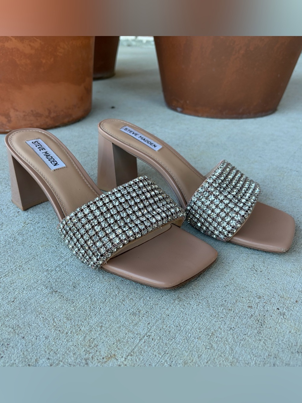 Steve Madden Nude Crystal-Embellished Block Heel Sandals